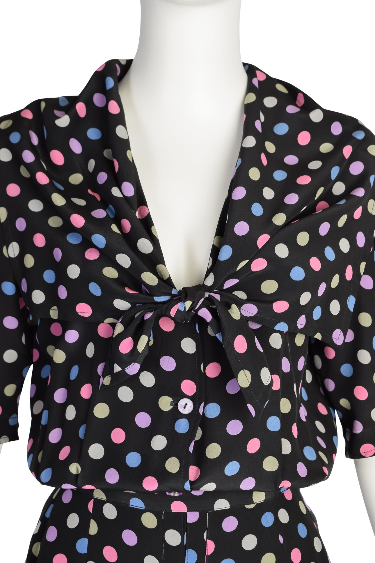 Jean Muir Vintage Black Multicolor Polka Dot Silk Top and Skirt Ensemble Set