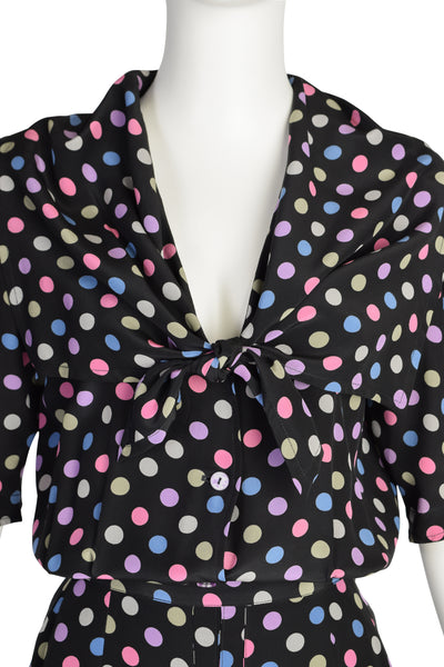 Jean Muir Vintage Black Multicolor Polka Dot Silk Top and Skirt Ensemble Set