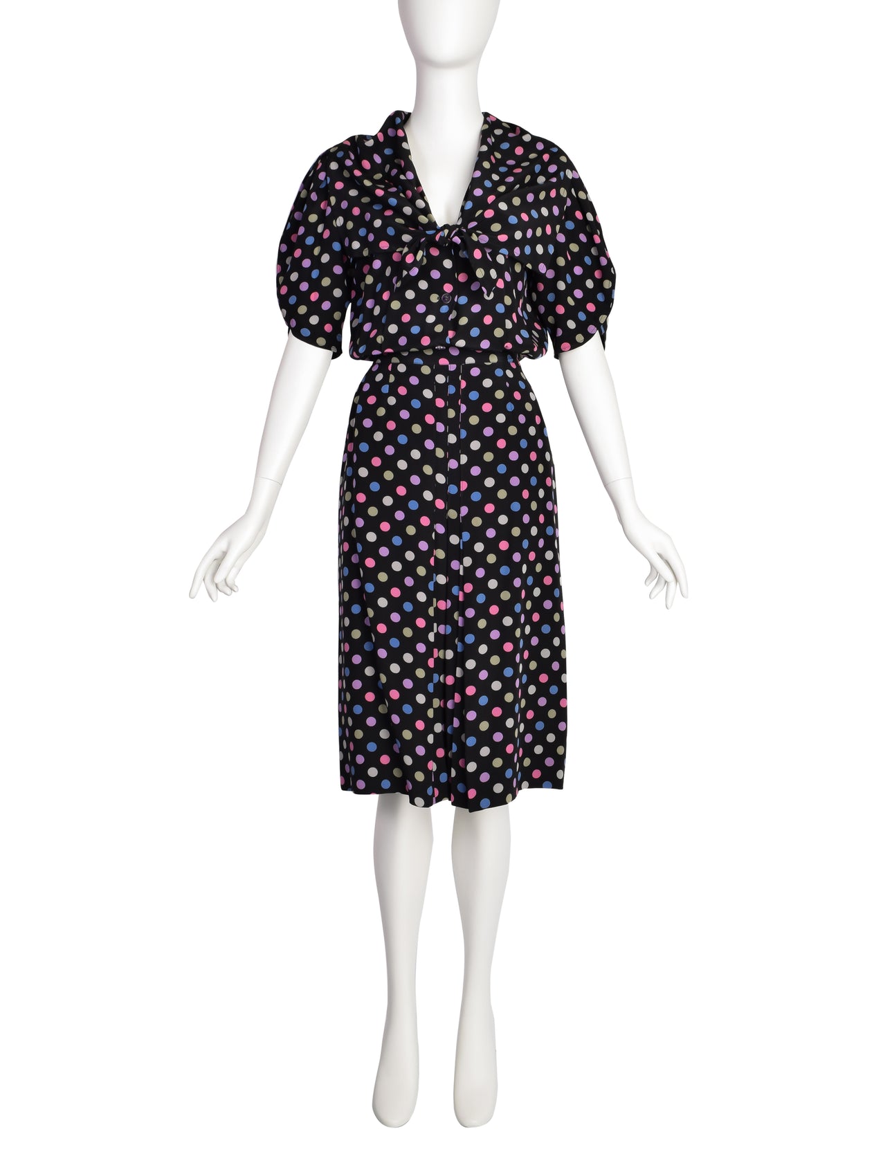 Jean Muir Vintage Black Multicolor Polka Dot Silk Top and Skirt Ensemble Set