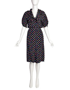 Jean Muir Vintage Black Multicolor Polka Dot Silk Top and Skirt Ensemble Set