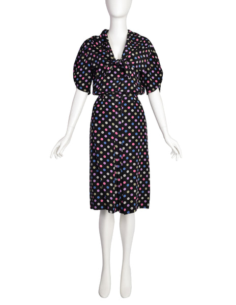 Jean Muir Vintage Black Multicolor Polka Dot Silk Top and Skirt Ensemble Set