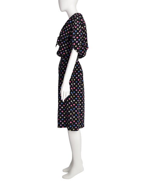 Jean Muir Vintage Black Multicolor Polka Dot Silk Top and Skirt Ensemble Set