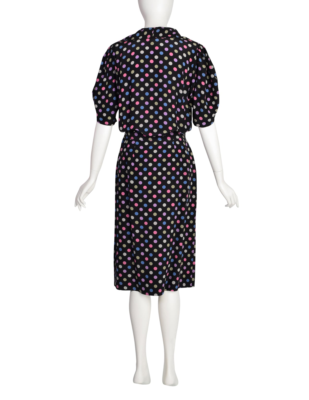 Jean Muir Vintage Black Multicolor Polka Dot Silk Top and Skirt Ensemble Set