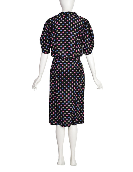 Jean Muir Vintage Black Multicolor Polka Dot Silk Top and Skirt Ensemble Set