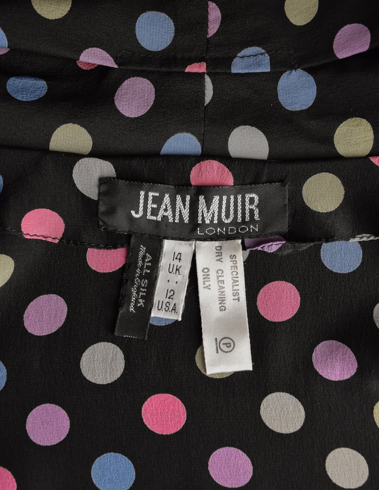 Jean Muir Vintage Black Multicolor Polka Dot Silk Top and Skirt Ensemble Set