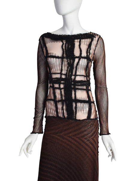 Jean Paul Gaultier Vintage Brown and Black Graphic Greta Garbo Face Print Mesh Maxi Dress