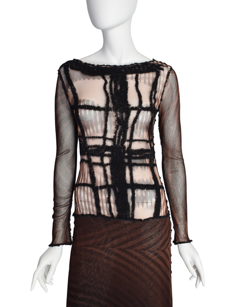 Jean Paul Gaultier Vintage Brown and Black Graphic Greta Garbo Face Print Mesh Maxi Dress