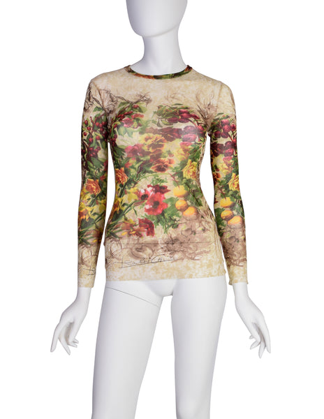 Jean Paul Gaultier Vintage SS 1999 Floral Fruits Botanical Print Mesh Long Sleeve Shirt