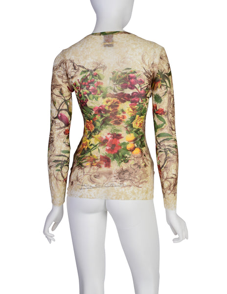 Jean Paul Gaultier Vintage SS 1999 Floral Fruits Botanical Print Mesh Long Sleeve Shirt