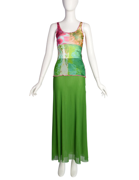 Jean Paul Gaultier Vintage SS 2000 Multicolor 'Bacteria' Print Mesh Tank and Maxi Skirt Set