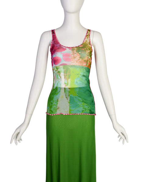 Jean Paul Gaultier Vintage SS 2000 Multicolor 'Bacteria' Print Mesh Tank and Maxi Skirt Set