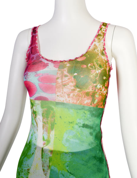 Jean Paul Gaultier Vintage SS 2000 Multicolor 'Bacteria' Print Mesh Tank and Maxi Skirt Set