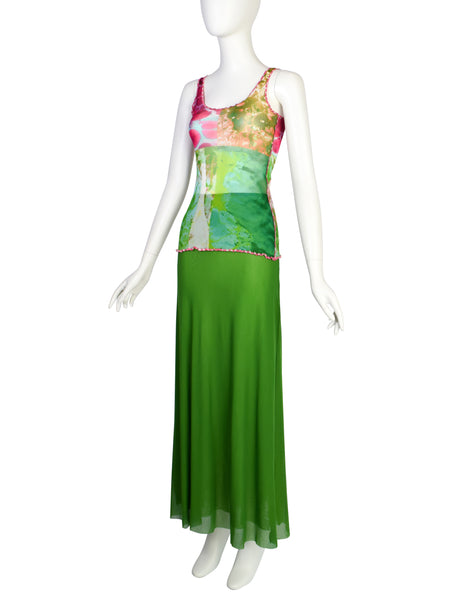 Jean Paul Gaultier Vintage SS 2000 Multicolor 'Bacteria' Print Mesh Tank and Maxi Skirt Set