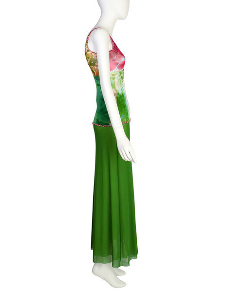 Jean Paul Gaultier Vintage SS 2000 Multicolor 'Bacteria' Print Mesh Tank and Maxi Skirt Set