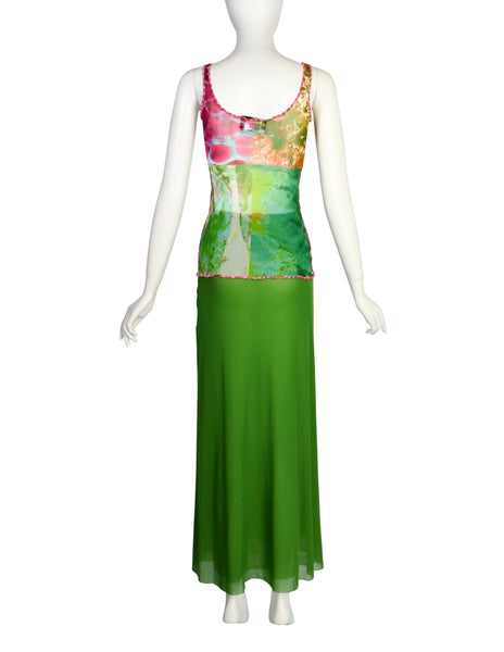 Jean Paul Gaultier Vintage SS 2000 Multicolor 'Bacteria' Print Mesh Tank and Maxi Skirt Set