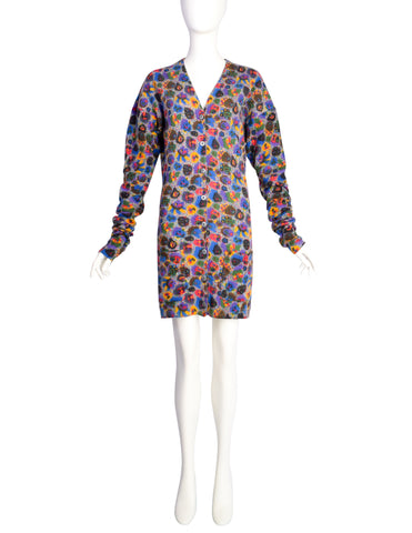 Jean Paul Gaultier Equator Vintage AW 1984 Grey Colorful Illustration Doodle Faces Cardigan Sweater