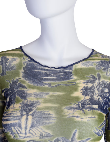 Jean Paul Gaultier Vintage Green Blue Cuba Print Mesh Long Sleeve Shirt