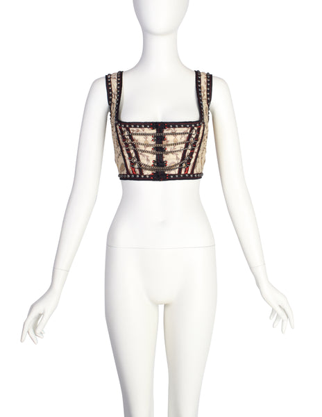 Jean Paul Gaultier Vintage SS 1994 'Les Tatouages' Iconic Brocade Studded Chain Cropped Bustier Top