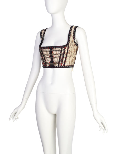 Jean Paul Gaultier Vintage SS 1994 'Les Tatouages' Iconic Brocade Studded Chain Cropped Bustier Top