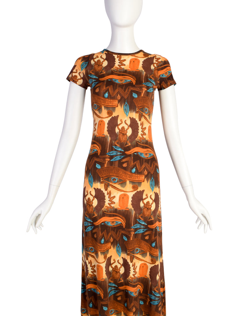 jean paul gaultier beige & orange graphic maxi dress Jean Paul Gaultier Orange Print Maxi Dress