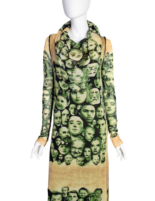 Jean Paul Gaultier Vintage Green Beige Face Print Cowl Hood