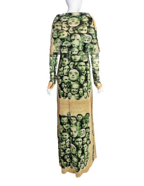 jean paul gaultier green dress Vintage Beige Face Print Cowl Hood Mesh Maxi – Amarcord Vintage Fashion Size:M36X34 a spiralized pattern mimics Get together Flirla Women's Casual Backless