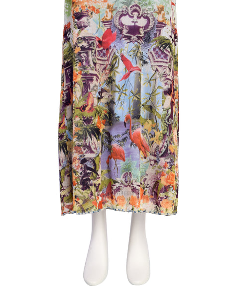 Jean Paul Gaultier Vintage SS 1999 Iconic Pastel Botanical Flamingo Print Mesh Maxi Skirt