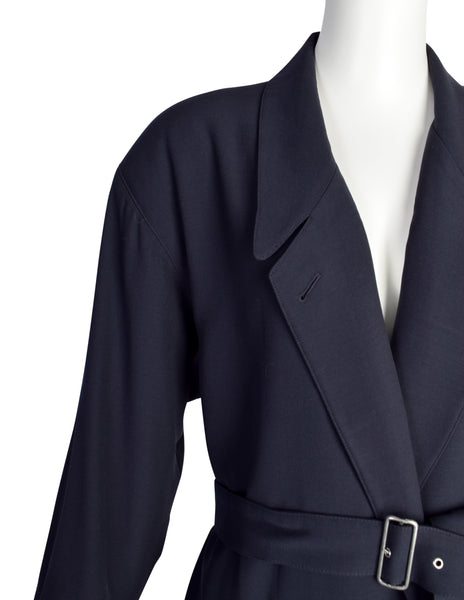 Jean Paul Gaultier Vintage Early 1980s Dark Blue Wool Gabardine Belted Trench Coat