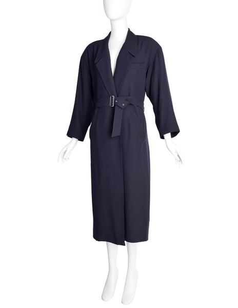 Jean Paul Gaultier Vintage Early 1980s Dark Blue Wool Gabardine Belted Trench Coat
