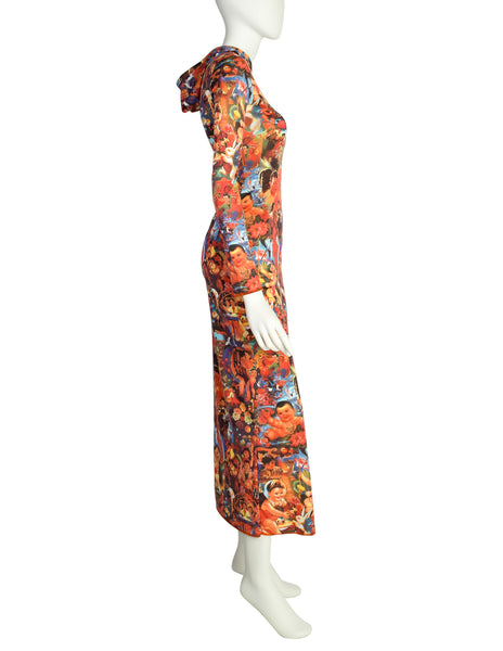 Jean Paul Gaultier Vintage "Chinese Propaganda" Multicolor Print Hooded Maxi Dress