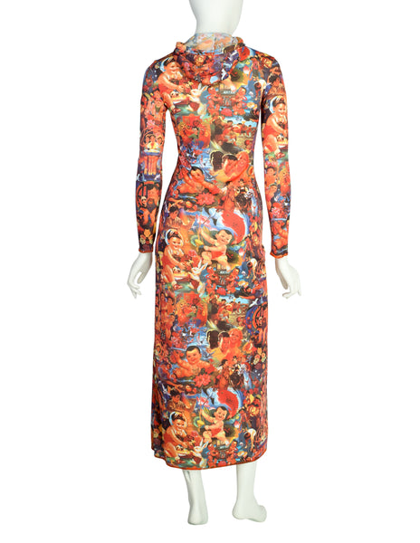 Jean Paul Gaultier Vintage "Chinese Propaganda" Multicolor Print Hooded Maxi Dress