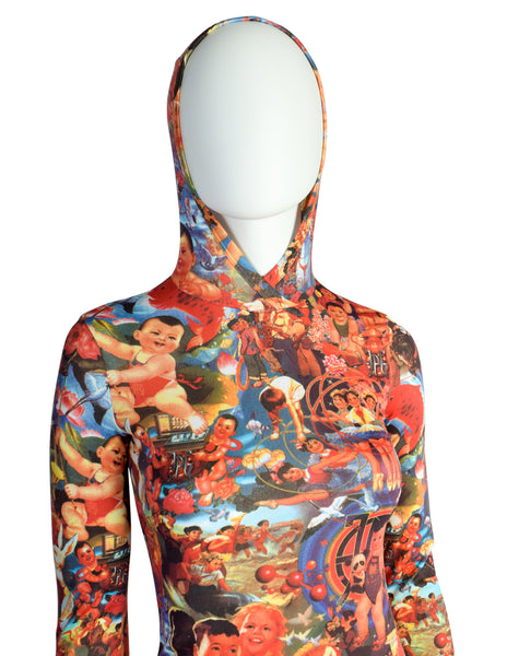 Jean Paul Gaultier Vintage "Chinese Propaganda" Multicolor Print Hooded Maxi Dress