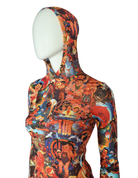 Jean Paul Gaultier Vintage "Chinese Propaganda" Multicolor Print Hooded Maxi Dress
