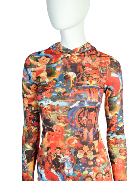 Jean Paul Gaultier Vintage "Chinese Propaganda" Multicolor Print Hooded Maxi Dress