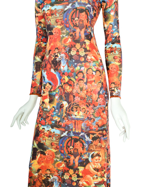 Jean Paul Gaultier Vintage "Chinese Propaganda" Multicolor Print Hooded Maxi Dress