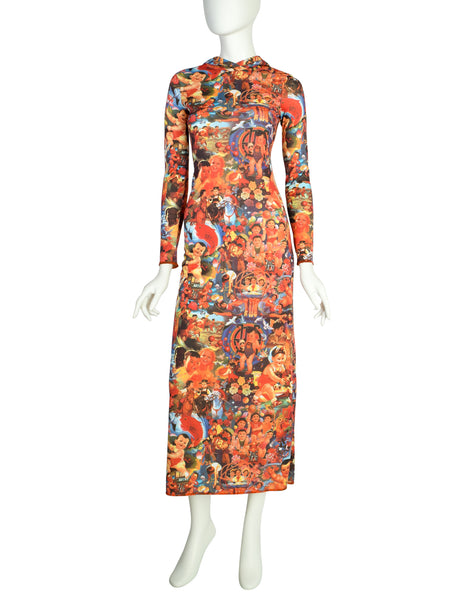 Jean Paul Gaultier Vintage "Chinese Propaganda" Multicolor Print Hooded Maxi Dress