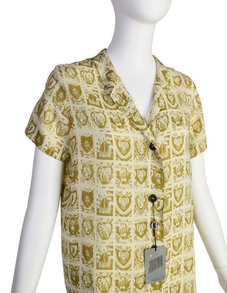 Jean Paul Gaultier Vintage 1980s Beige Green Sacred Heart Religious Print Button Up Long Tunic Top