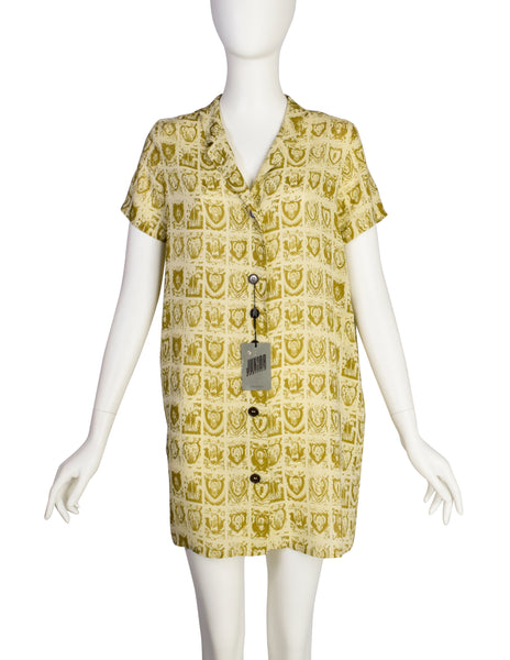 Jean Paul Gaultier Vintage 1980s Beige Green Sacred Heart Religious Print Button Up Long Tunic Top