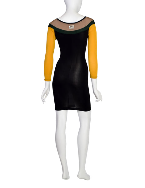 Junior Gaultier Vintage SS 1990 Sporty Beige Green Yellow Black V Stripe Stretch Body Con Mini Dress