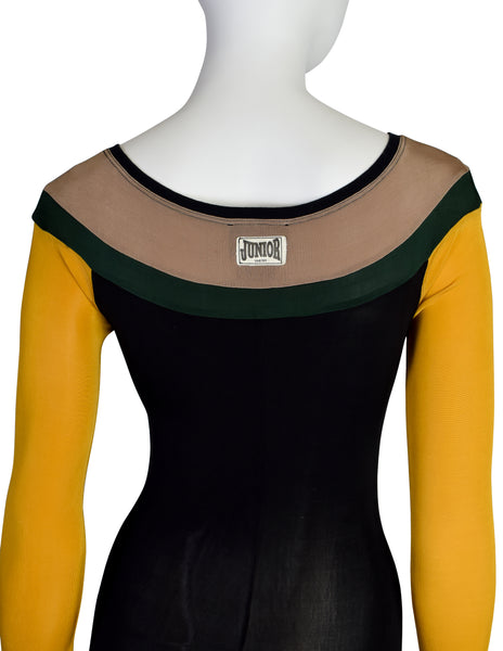 Junior Gaultier Vintage SS 1990 Sporty Beige Green Yellow Black V Stripe Stretch Body Con Mini Dress
