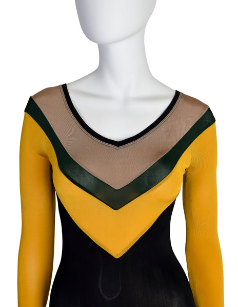 Junior Gaultier Vintage SS 1990 Sporty Beige Green Yellow Black V Stripe Stretch Body Con Mini Dress