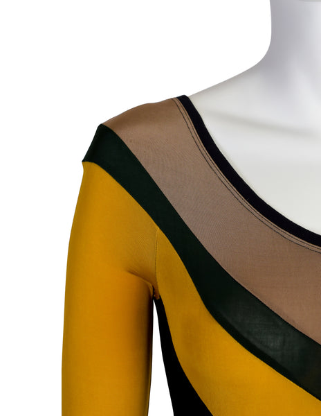 Junior Gaultier Vintage SS 1990 Sporty Beige Green Yellow Black V Stripe Stretch Body Con Mini Dress