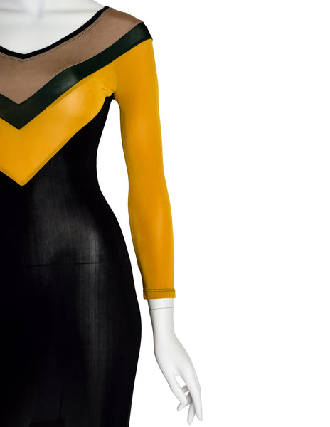 Junior Gaultier Vintage SS 1990 Sporty Beige Green Yellow Black V Stripe Stretch Body Con Mini Dress