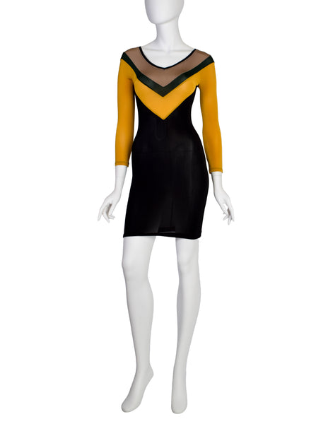 Junior Gaultier Vintage SS 1990 Sporty Beige Green Yellow Black V Stripe Stretch Body Con Mini Dress