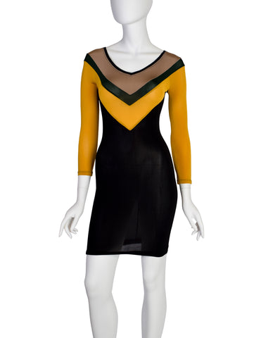 Junior Gaultier Vintage SS 1990 Sporty Beige Green Yellow Black V Stripe Stretch Body Con Mini Dress