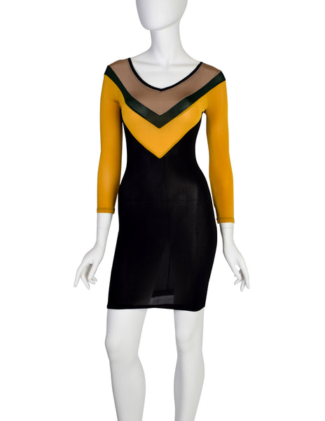 Junior Gaultier Vintage SS 1990 Sporty Beige Green Yellow Black V Stripe Stretch Body Con Mini Dress