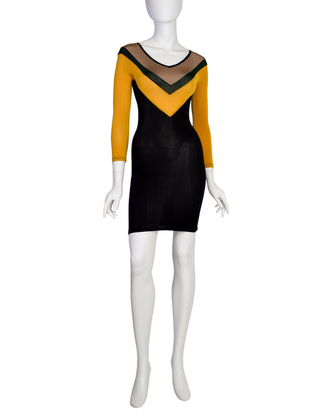 Junior Gaultier Vintage SS 1990 Sporty Beige Green Yellow Black V Stripe Stretch Body Con Mini Dress