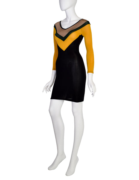 Junior Gaultier Vintage SS 1990 Sporty Beige Green Yellow Black V Stripe Stretch Body Con Mini Dress