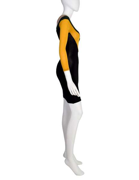 Junior Gaultier Vintage SS 1990 Sporty Beige Green Yellow Black V Stripe Stretch Body Con Mini Dress