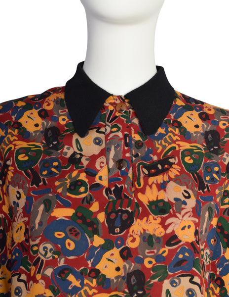 Jean Paul Gaultier Vintage AW 1984 Colorful Illustration Doodle Faces Versatile Wrap Shirt Dress